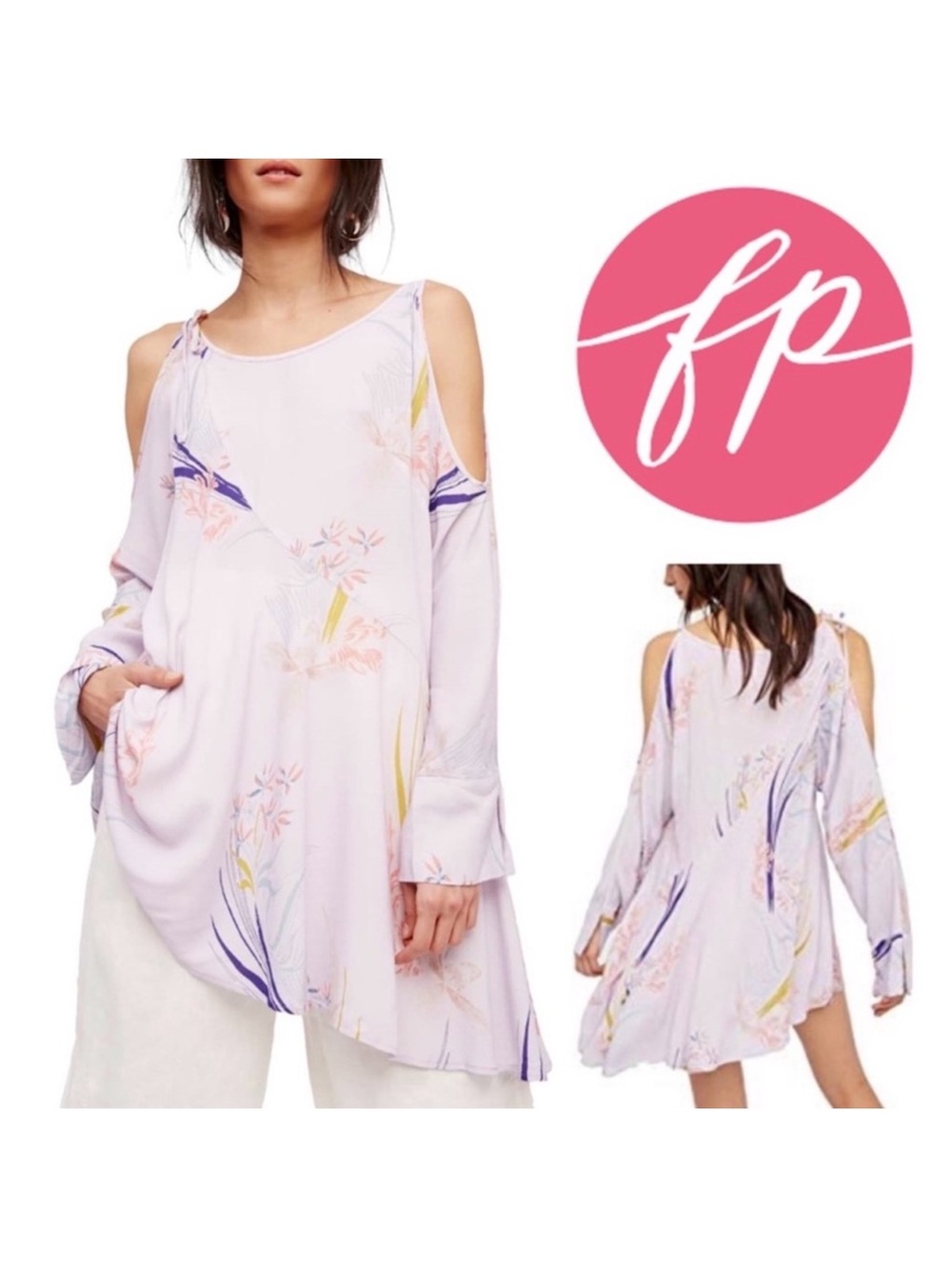 Free People Pastel Lilac Cold-Shoulder Floral Tunic